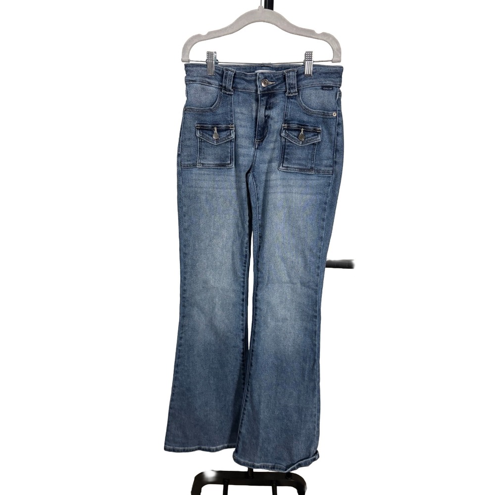 Cello‎ Flare Cargo Jeans Blue Denim Front Pocket Y2K Womens Size 7 Trendy Casual